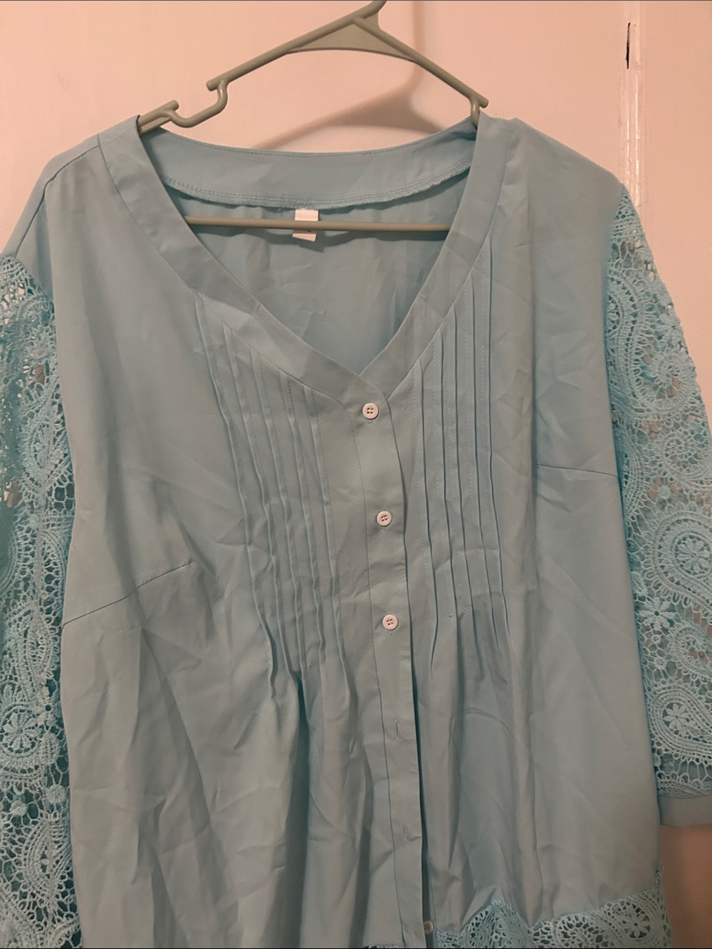Light Blue Lace-Sleeve Women's Button Front Top